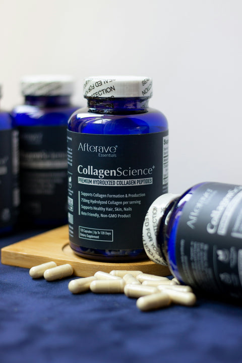 A bottle of collagen's science next to some pills